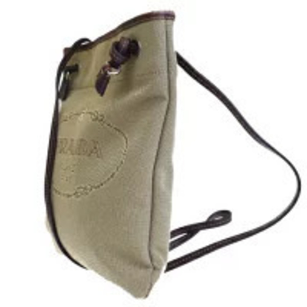 Prada Beige trim canvas bag leather Brown jacquard logo shoulder Tan Brown